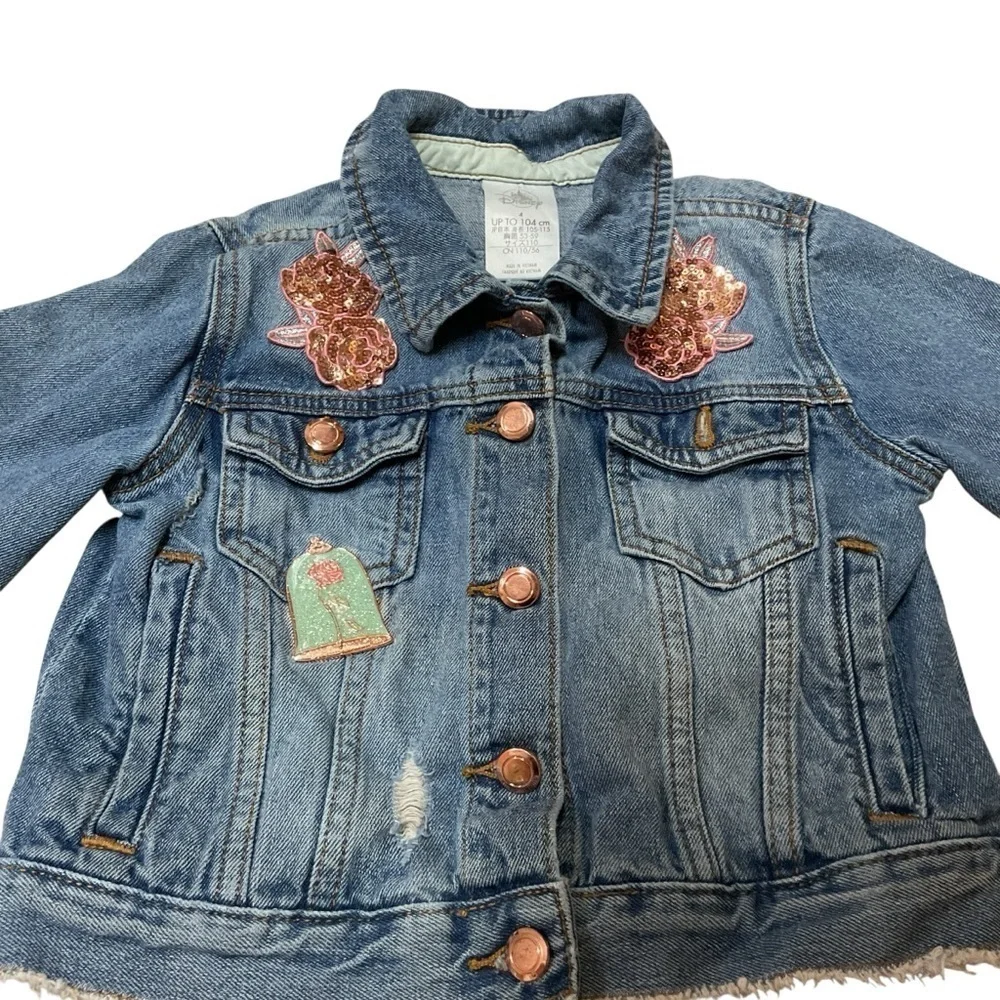 Disney Girl's Size 4 Princess Belle Denim Jacket Distressed Applique Sequins Y2K
